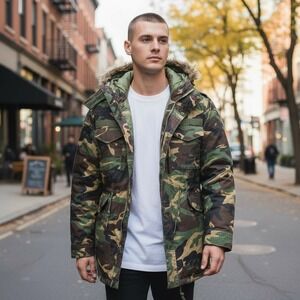 DODECA Vintage Y2K Men's L Woodland Camo Parka Fur Hood Winter Jacket NWT